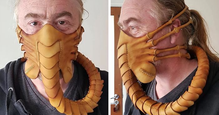 To Protect Himself From The Coronavirus, Artist Crafts A 59-Piece Leather Mask In The Shape Of A Facehugger | Bored Panda