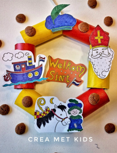 Sinterklaas krans maken van wc rolletjes met gratis mini- kleurplaatjes » Crea met kids