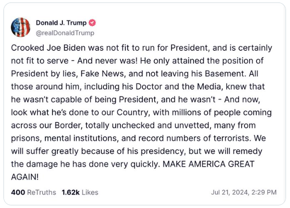 Commentaar van Donald Trump op de terugtrekking van Joe Biden | E.J. Bron